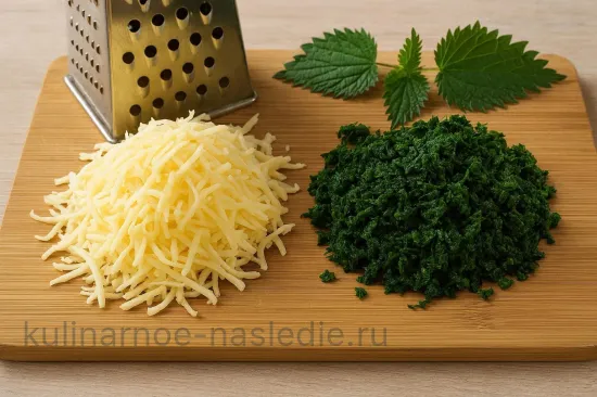 Сырные лепёшки с крапивой на сковороде - шаг 1