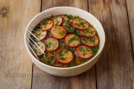 Пикантная маринованная редиска с зеленью - Маринование и подача
