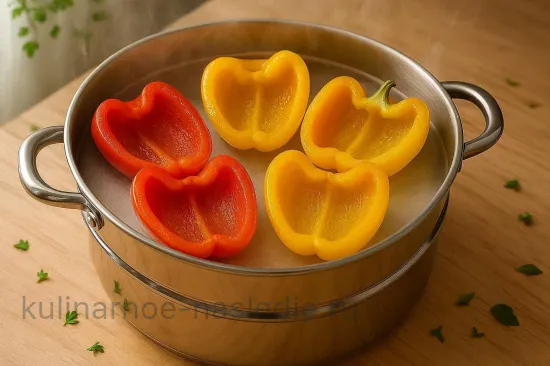 Перец на пару с чесночным соусом - шаг 2. Приготовление на пару