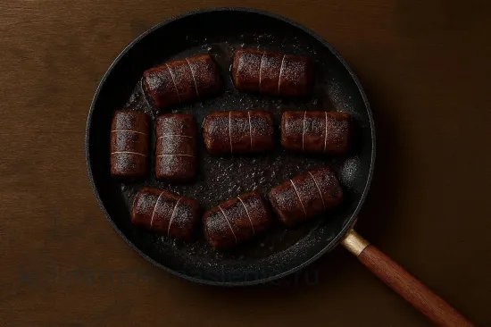 Рулетики из свиной печени с черносливом и грецкими орехами - Обжарка до корочки