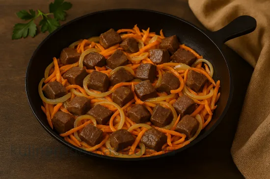 Свиная печень с луком и морковью - рецепт как у бабушки - Обжарка печени