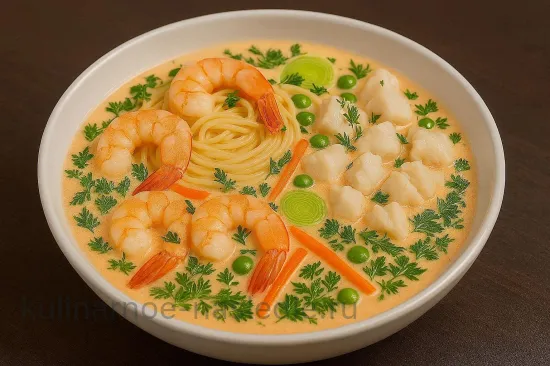 Лапша с морепродуктами и овощами в сливочном соусе - Подача