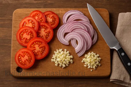 Пангасиус, запечённый с томатами и ароматными травами - Нарезка овощной основы