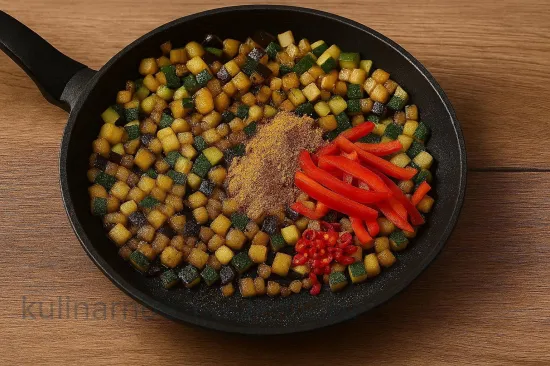 Минтай с овощами в соусе карри - Добавление перцев и специй