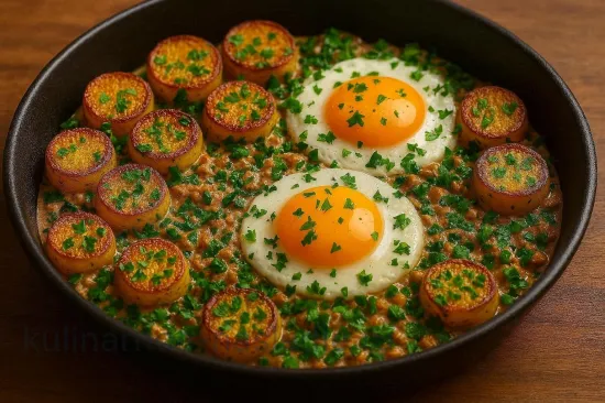 Картофель с мясом под яйцом на сковороде - Подача