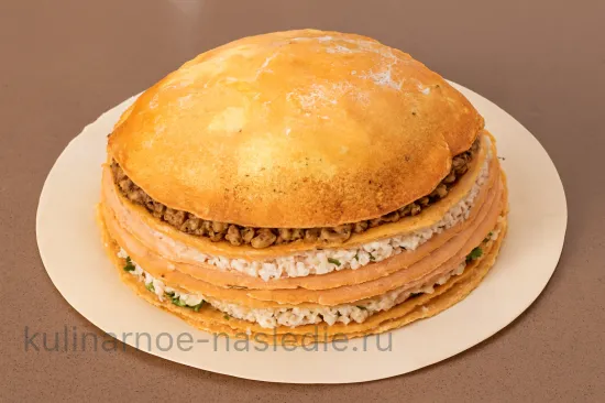 Русский курник с тройной начинкой - Чередование слоёв