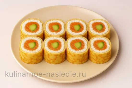 Блинные роллы с рыбой, рисом и огурцом - шаг 10 (изображение)