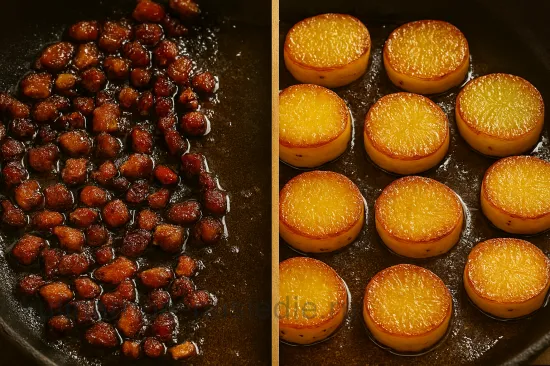 Картофель с мясом под яйцом на сковороде - Обжарка сала и картофеля