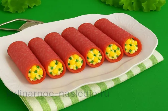 Рулетики из колбасы с кукурузной начинкой - Сборка рулетиков