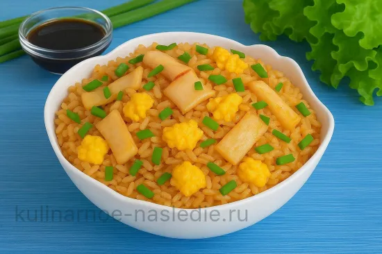 Жареный рис с кальмарами и яйцом - Подача с зелёным луком
