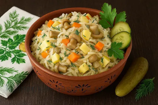 Хрустящий салат из квашеной капусты с маринованными грибами - Подача