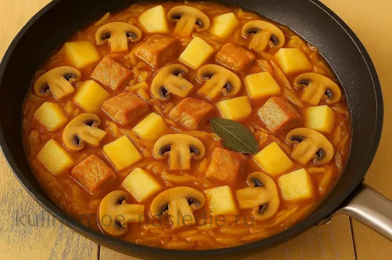 Тушенная капуста с мясом и грибами - Тушение с картофелем