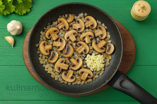 Жареная стручковая фасоль с грибами - Обжарка лука с грибами