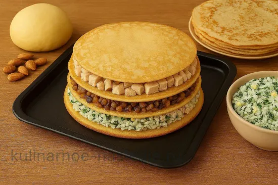 Курник с грибами, курицей и рисом - Собираем курник слоями с блинами