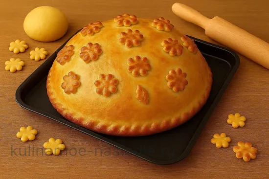 Курник с грибами, курицей и рисом - Смазываем яйцом и выпекаем