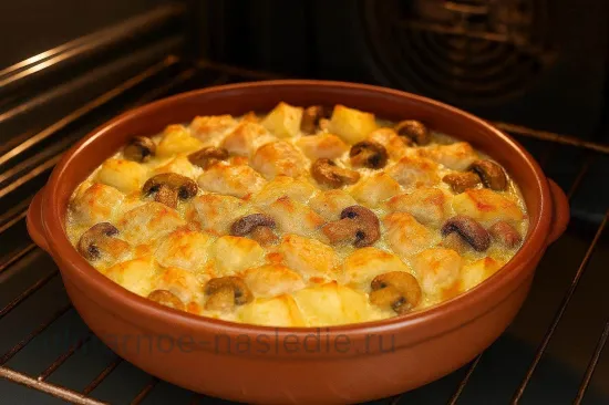 Курица с картофелем и грибами в сливочном соусе - Запекание